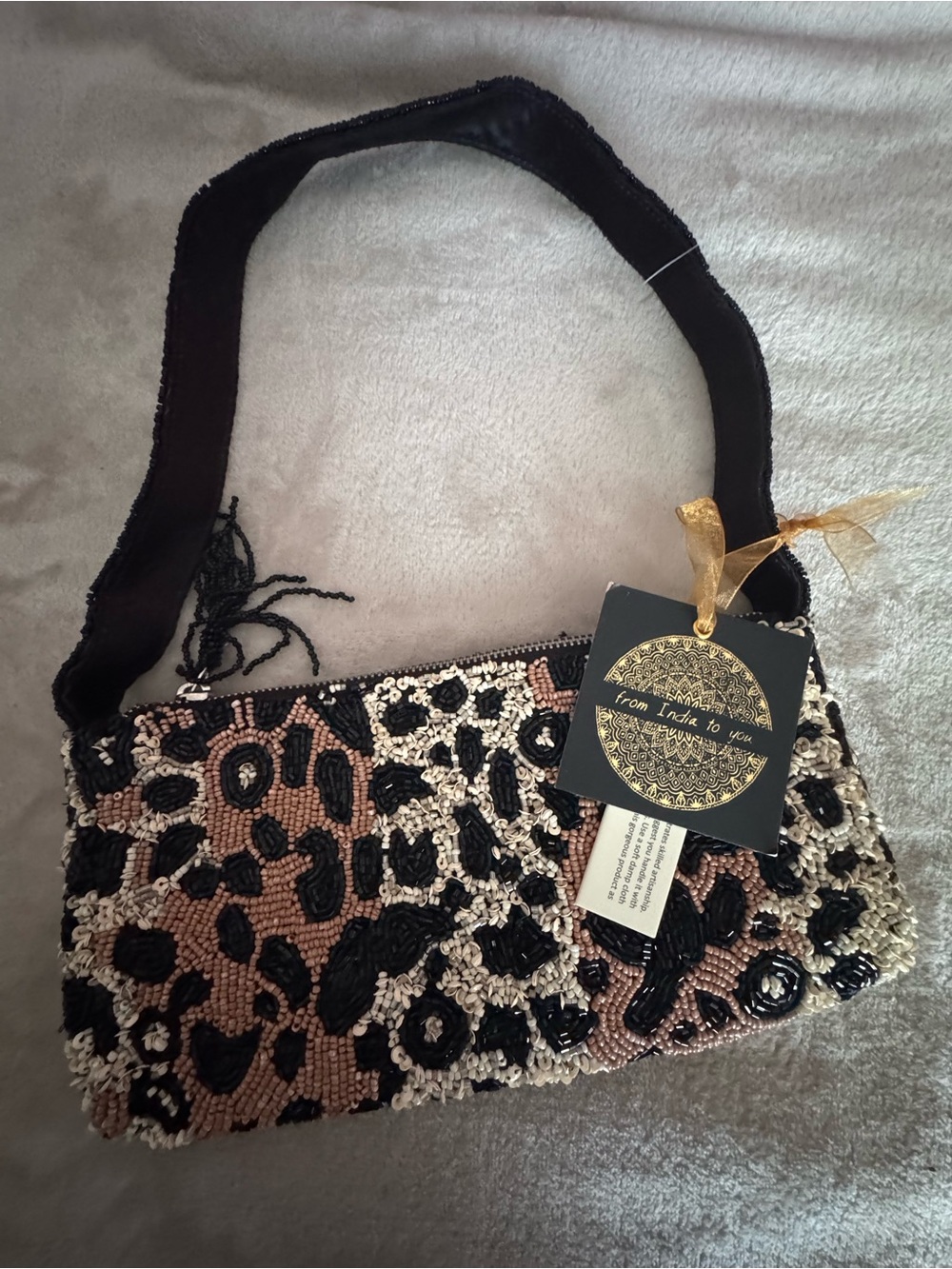 From India to you Beaded Leopard Print Shoulder Bag in Black and Tan